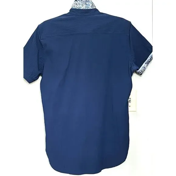 ROBERT GRAHAM NAVY BLUE CRINKLED TEXTURE S/S STRETCH SHIRT ROLL CUFF SZ S